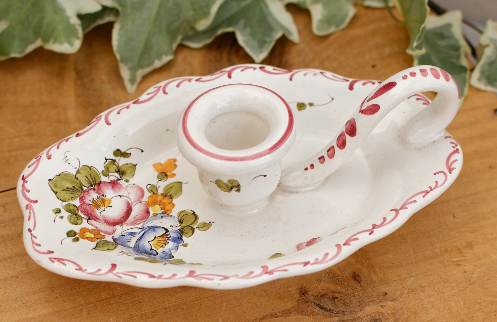 French Vintage Moustiers Ceramic Porcelain CandleStick Holder with Handle Floral Bedside Candlestick Holder Terre de Fer en Faience