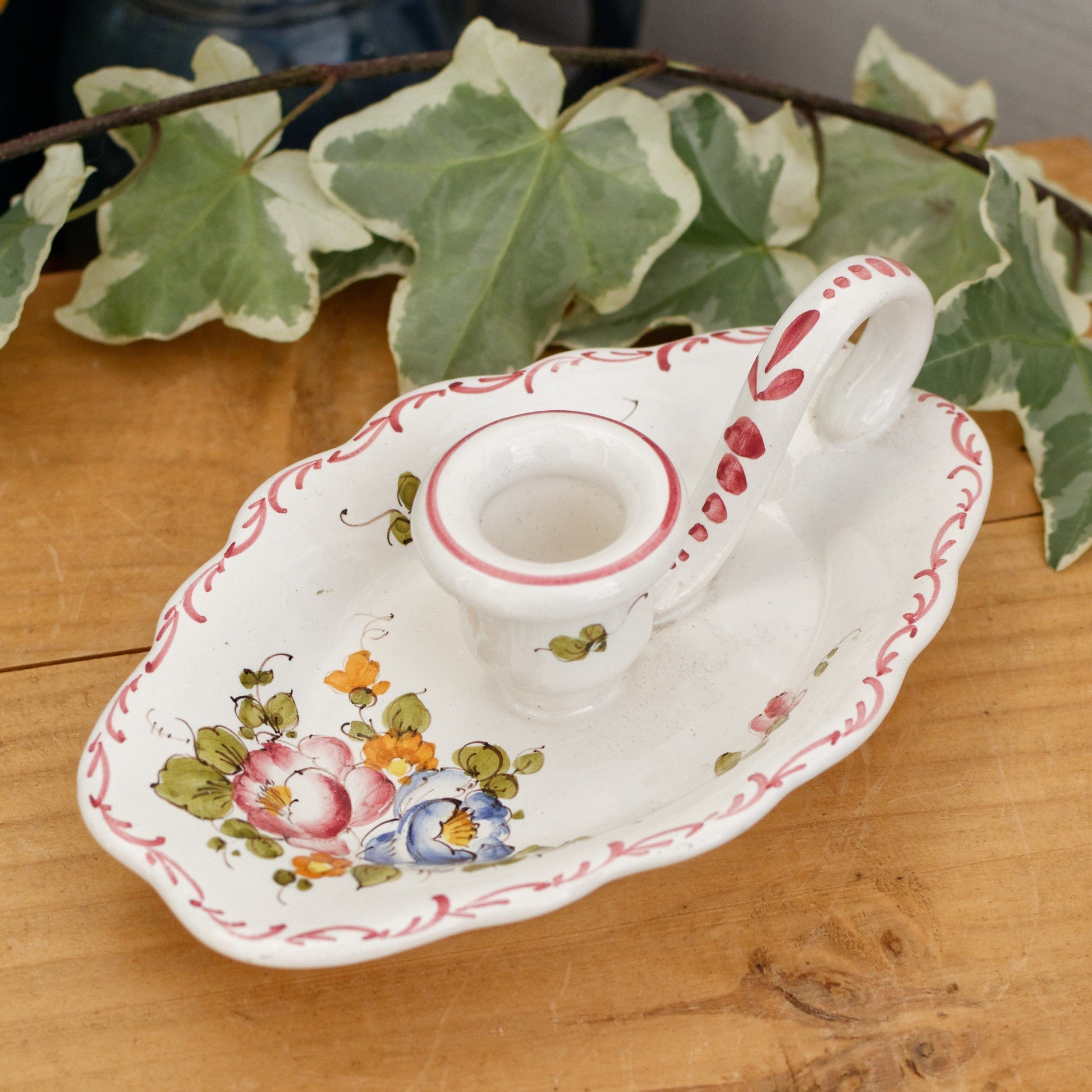 French Vintage Moustiers Ceramic Porcelain CandleStick Holder with Handle Floral Bedside Candlestick Holder Terre de Fer en Faience