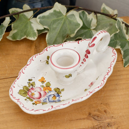 French Vintage Moustiers Ceramic Porcelain CandleStick Holder with Handle Floral Bedside Candlestick Holder Terre de Fer en Faience