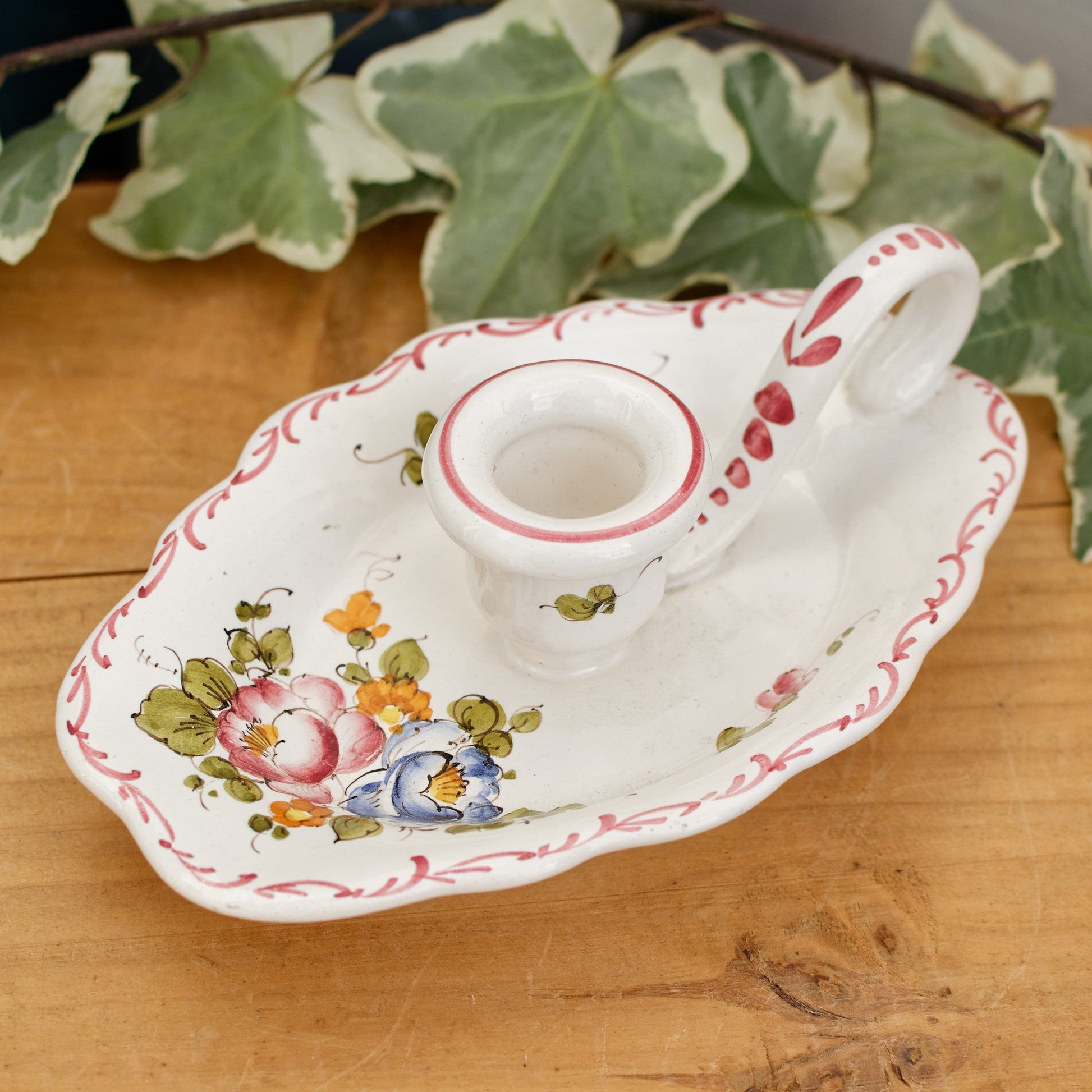 French Vintage Moustiers Ceramic Porcelain CandleStick Holder with Handle Floral Bedside Candlestick Holder Terre de Fer en Faience