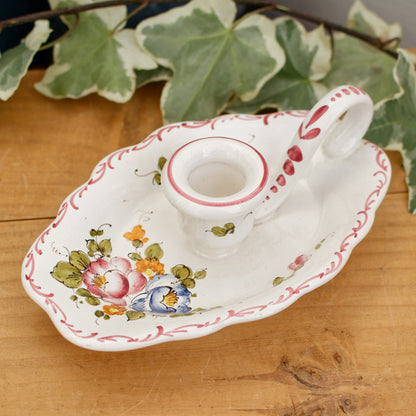 French Vintage Moustiers Ceramic Porcelain CandleStick Holder with Handle Floral Bedside Candlestick Holder Terre de Fer en Faience