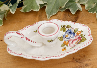 French Vintage Moustiers Ceramic Porcelain CandleStick Holder with Handle Floral Bedside Candlestick Holder Terre de Fer en Faience