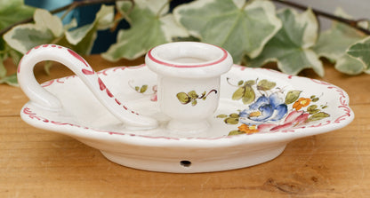 French Vintage Moustiers Ceramic Porcelain CandleStick Holder with Handle Floral Bedside Candlestick Holder Terre de Fer en Faience
