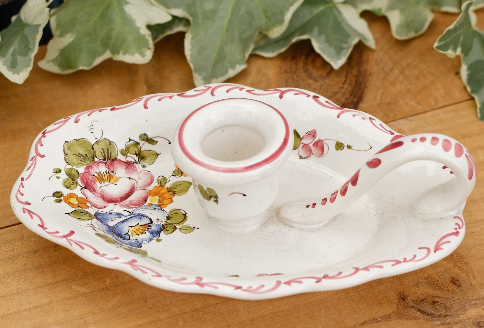 French Vintage Moustiers Ceramic Porcelain CandleStick Holder with Handle Floral Bedside Candlestick Holder Terre de Fer en Faience