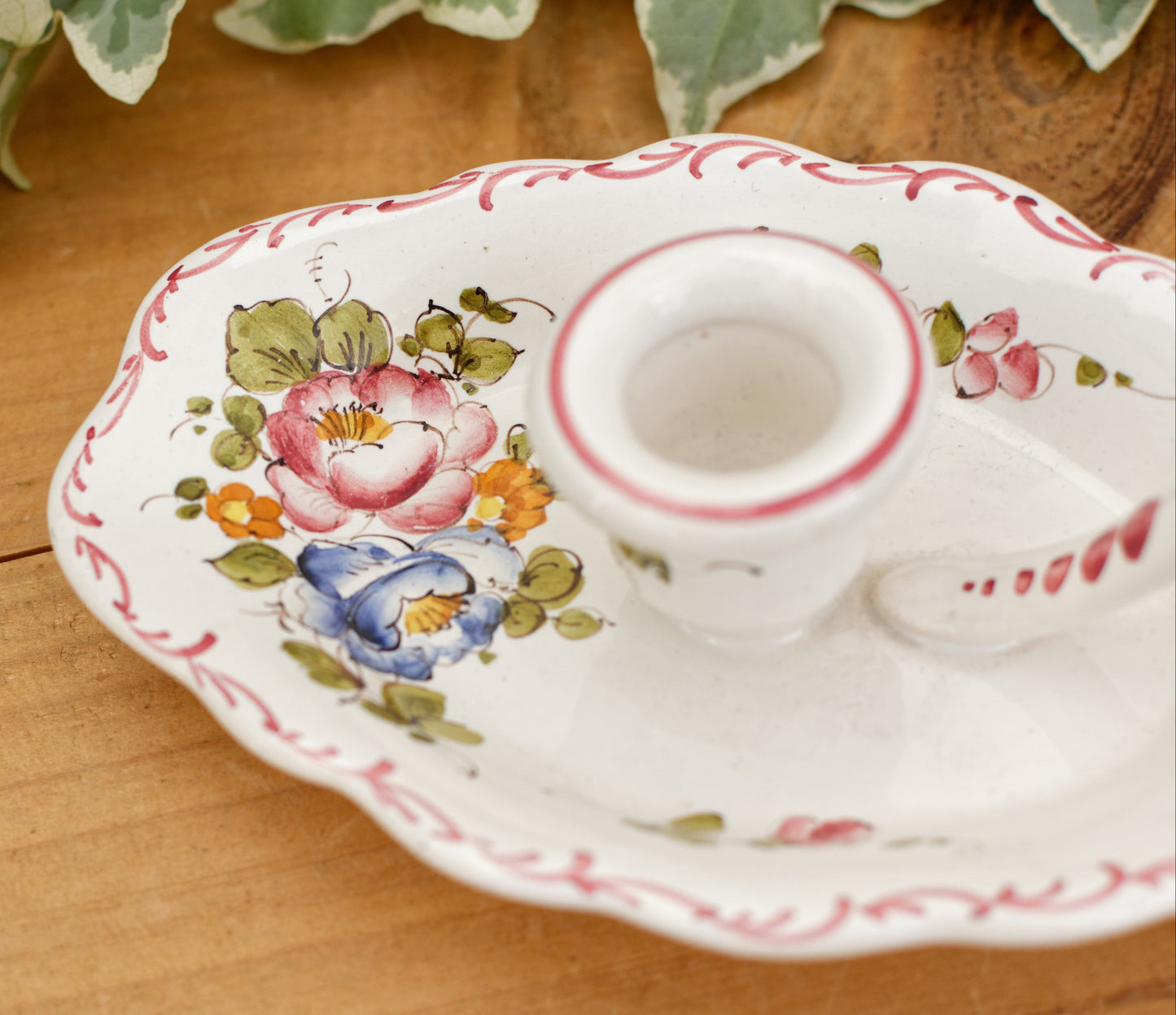 French Vintage Moustiers Ceramic Porcelain CandleStick Holder with Handle Floral Bedside Candlestick Holder Terre de Fer en Faience