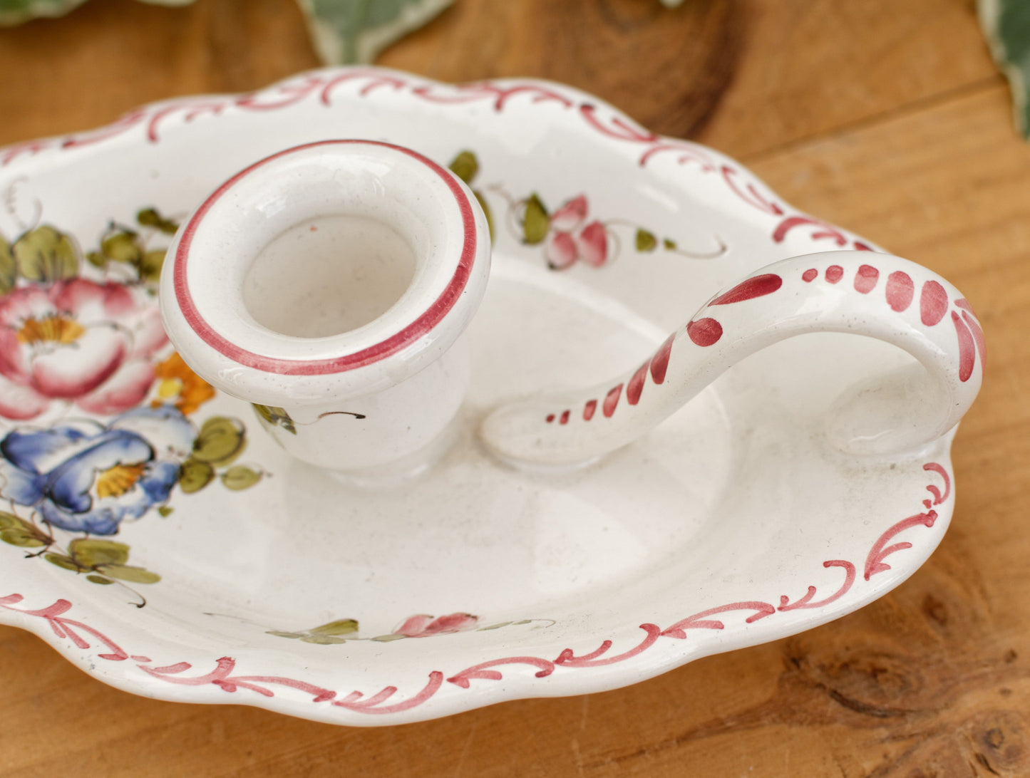 French Vintage Moustiers Ceramic Porcelain CandleStick Holder with Handle Floral Bedside Candlestick Holder Terre de Fer en Faience