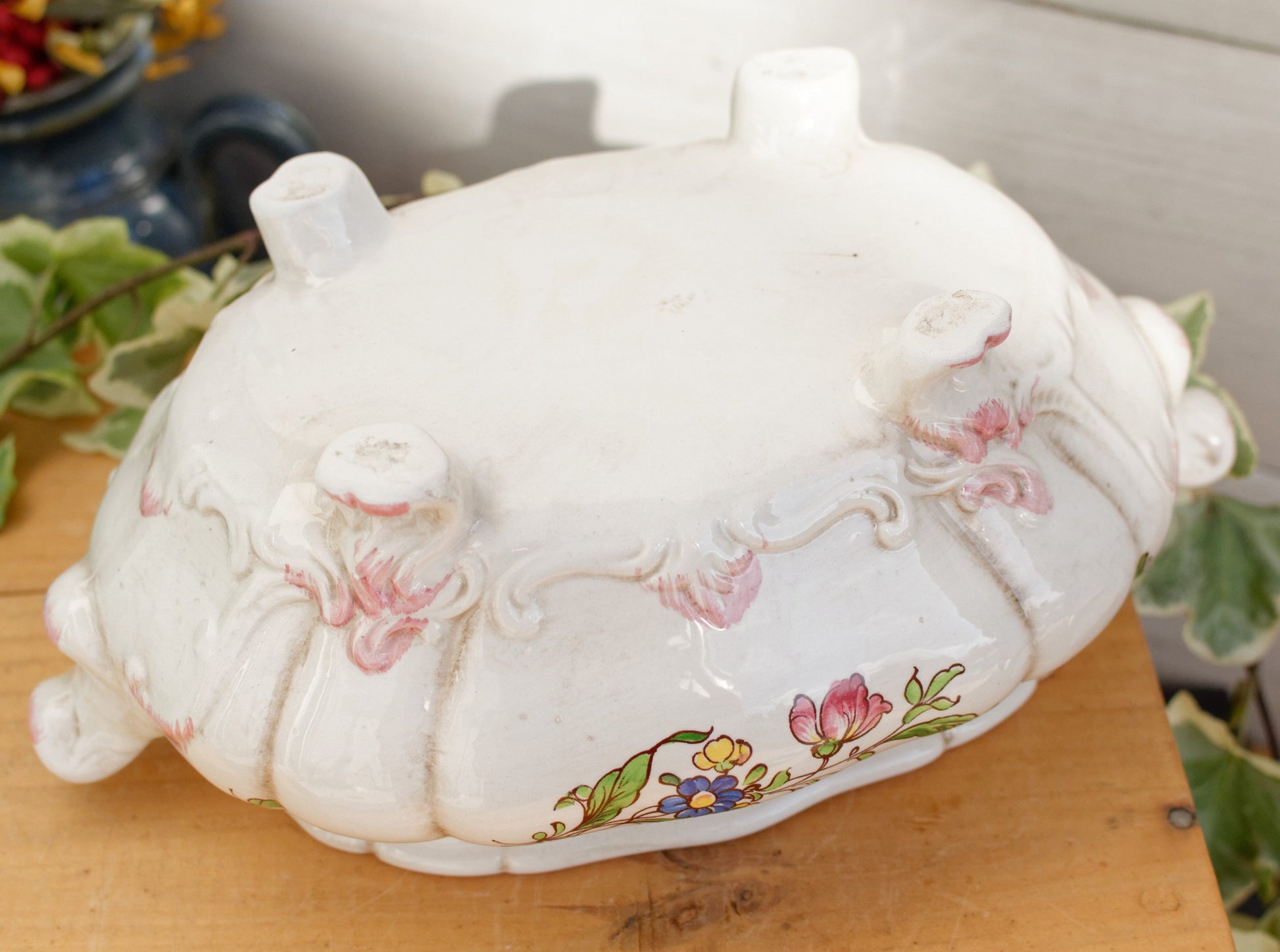 French Vintage MOUSTIERS Vieux Rouen Style Hand-Painted Faience Collectible Earthenware Covered Soup Tureen Soupiere Vegetable Dish Légumière Terre de Fer Pear and Leaf Cover Handle