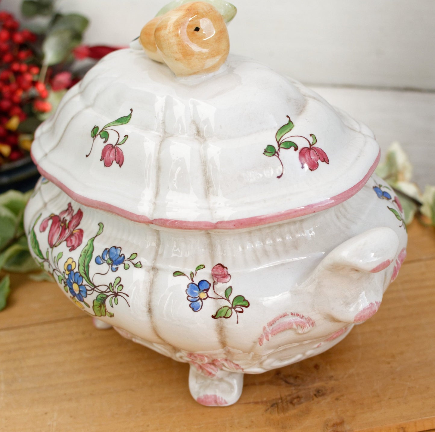 French Vintage MOUSTIERS Vieux Rouen Style Hand-Painted Faience Collectible Earthenware Covered Soup Tureen Soupiere Vegetable Dish Légumière Terre de Fer Pear and Leaf Cover Handle