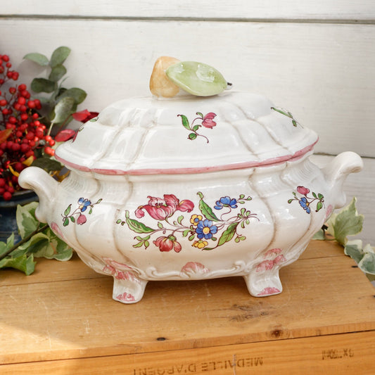 French Vintage MOUSTIERS Vieux Rouen Style Hand-Painted Faience Collectible Earthenware Covered Soup Tureen Soupiere Vegetable Dish Légumière Terre de Fer Pear and Leaf Cover Handle