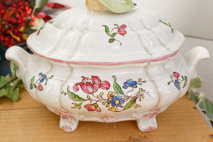 French Vintage MOUSTIERS Vieux Rouen Style Hand-Painted Faience Collectible Earthenware Covered Soup Tureen Soupiere Vegetable Dish Légumière Terre de Fer Pear and Leaf Cover Handle