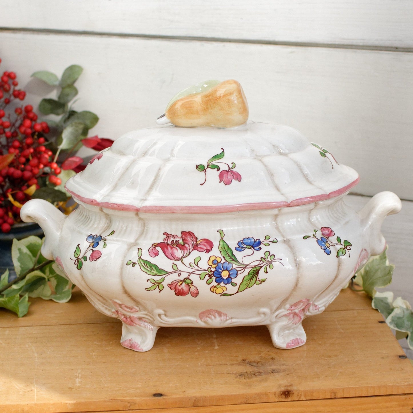 French Vintage MOUSTIERS Vieux Rouen Style Hand-Painted Faience Collectible Earthenware Covered Soup Tureen Soupiere Vegetable Dish Légumière Terre de Fer Pear and Leaf Cover Handle