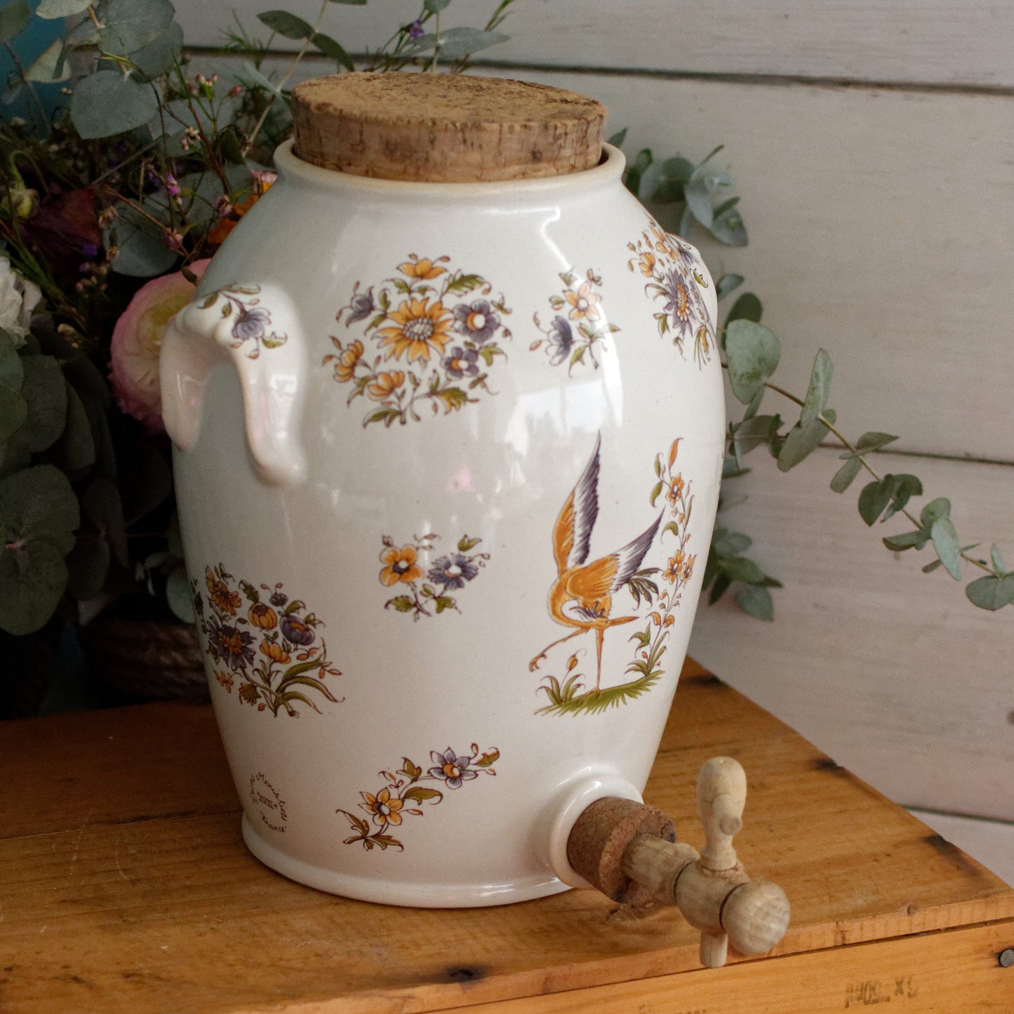 French Vintage Ceramic Stoneware Decor Moustiers Vinager Cruet Dispenser "Vinaigrier" Gres Digoin 2 litre 