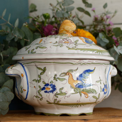 French Vintage Hand-Painted Collectible Ironstone MOUSTIERS Clery Soup Tureen Soupiere Terre de Fer en Faience