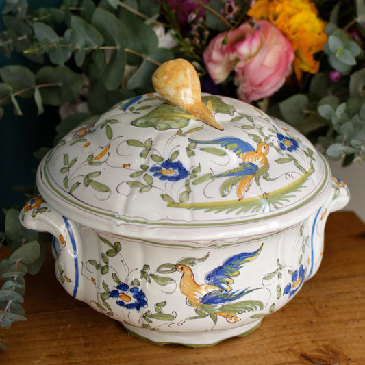 French Vintage Hand-Painted Collectible Ironstone MOUSTIERS Clery Soup Tureen Soupiere Terre de Fer en Faience