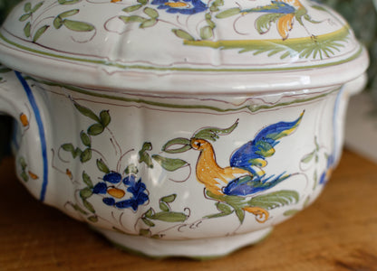 French Vintage Hand-Painted Collectible Ironstone MOUSTIERS Clery Soup Tureen Soupiere Terre de Fer en Faience