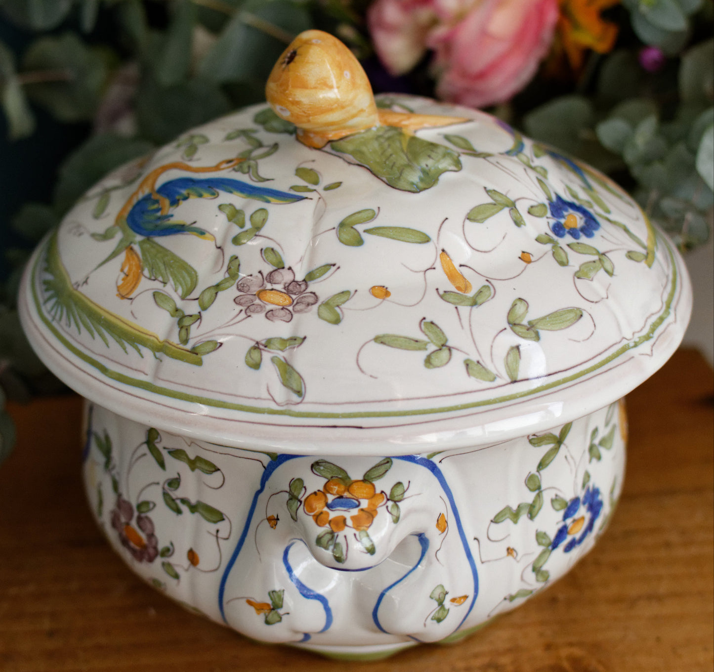 French Vintage Hand-Painted Collectible Ironstone MOUSTIERS Clery Soup Tureen Soupiere Terre de Fer en Faience