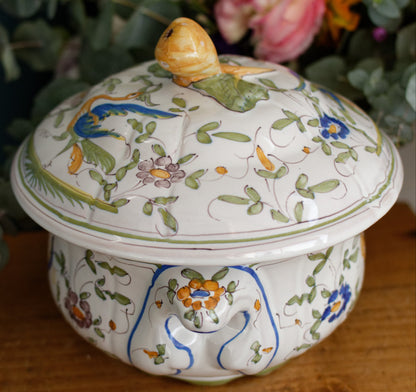 French Vintage Hand-Painted Collectible Ironstone MOUSTIERS Clery Soup Tureen Soupiere Terre de Fer en Faience