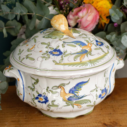 French Vintage Hand-Painted Collectible Ironstone MOUSTIERS Clery Soup Tureen Soupiere Terre de Fer en Faience