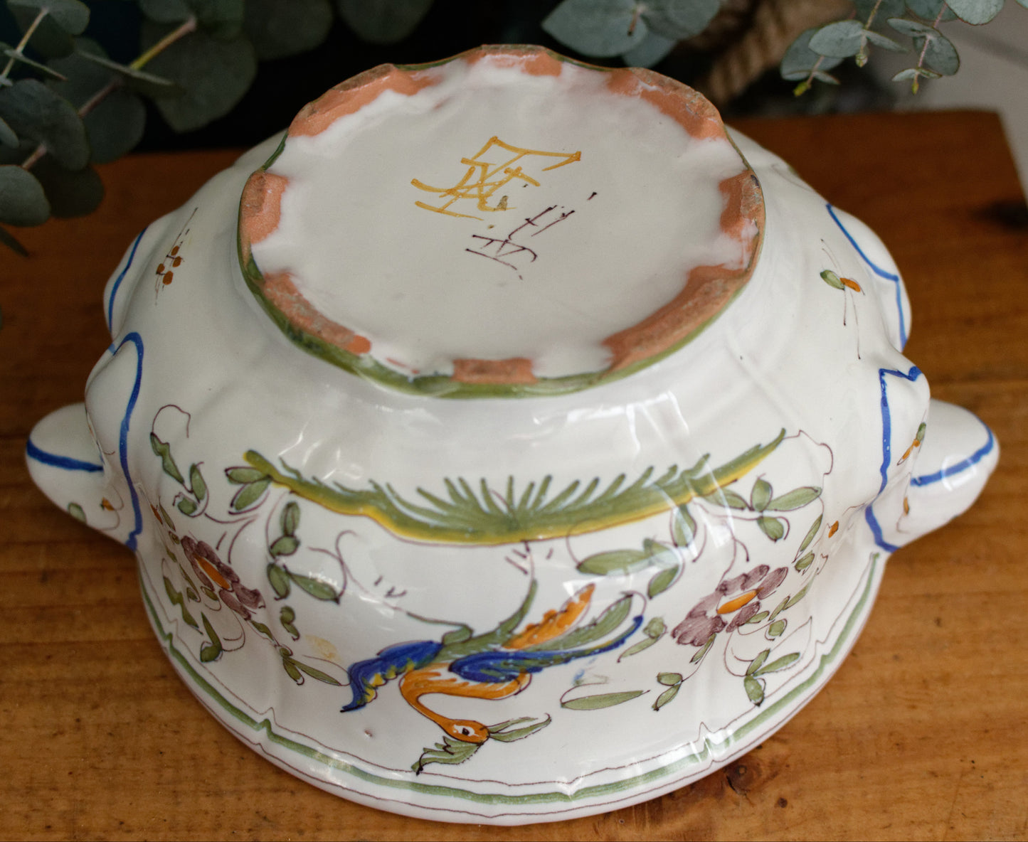 French Vintage Hand-Painted Collectible Ironstone MOUSTIERS Clery Soup Tureen Soupiere Terre de Fer en Faience