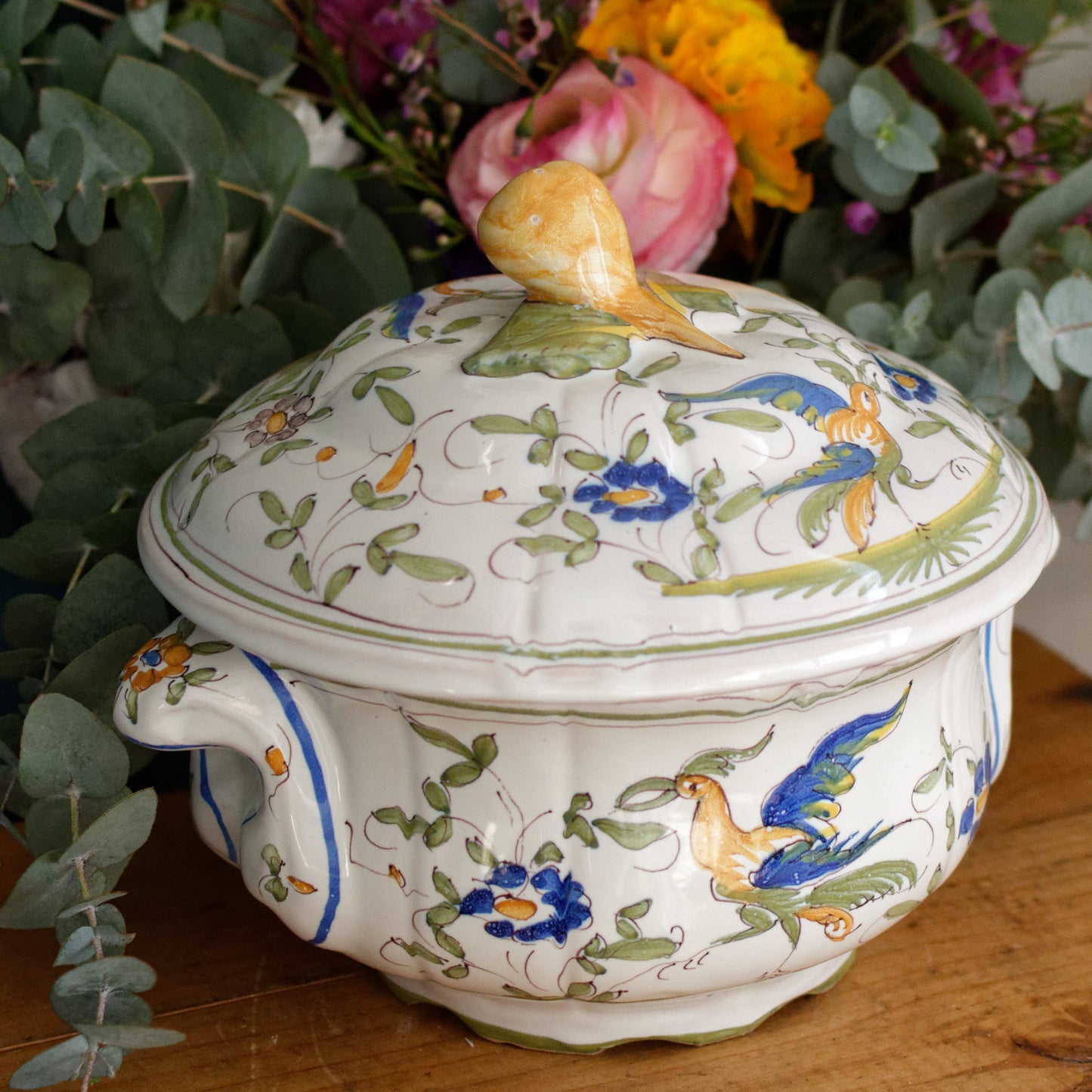French Vintage Hand-Painted Collectible Ironstone MOUSTIERS Clery Soup Tureen Soupiere Terre de Fer en Faience