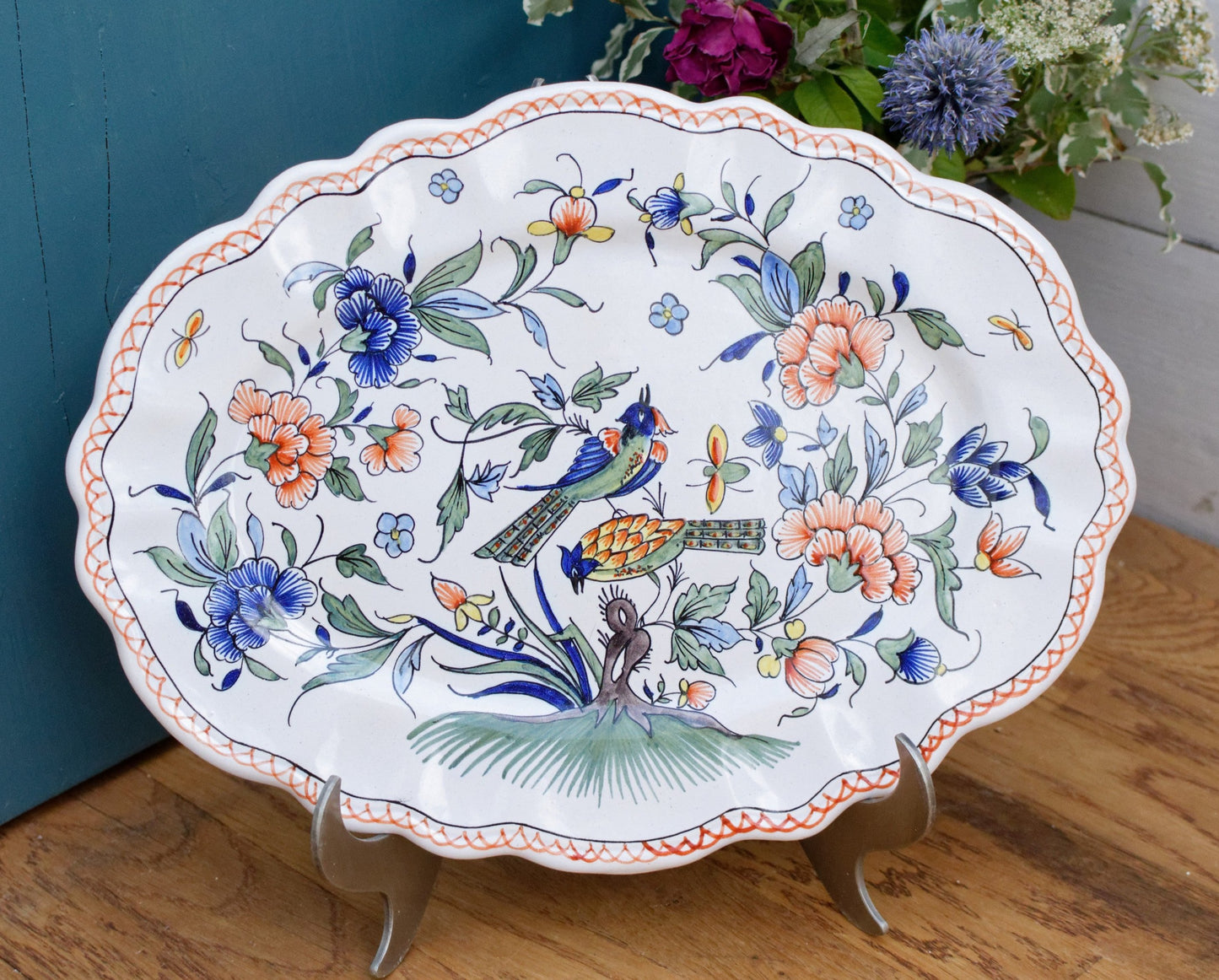 French Vintage MOUSTIERS Vieux Rouen Style Hand-Painted Faience Collectible Earthenware Covered Plate La Faience de Moustiers Sainte Marie