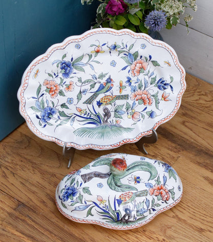 French Vintage MOUSTIERS Vieux Rouen Style Hand-Painted Faience Collectible Earthenware Covered Plate La Faience de Moustiers Sainte Marie