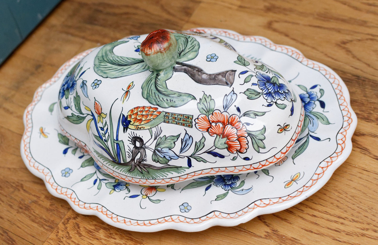 French Vintage MOUSTIERS Vieux Rouen Style Hand-Painted Faience Collectible Earthenware Covered Plate La Faience de Moustiers Sainte Marie