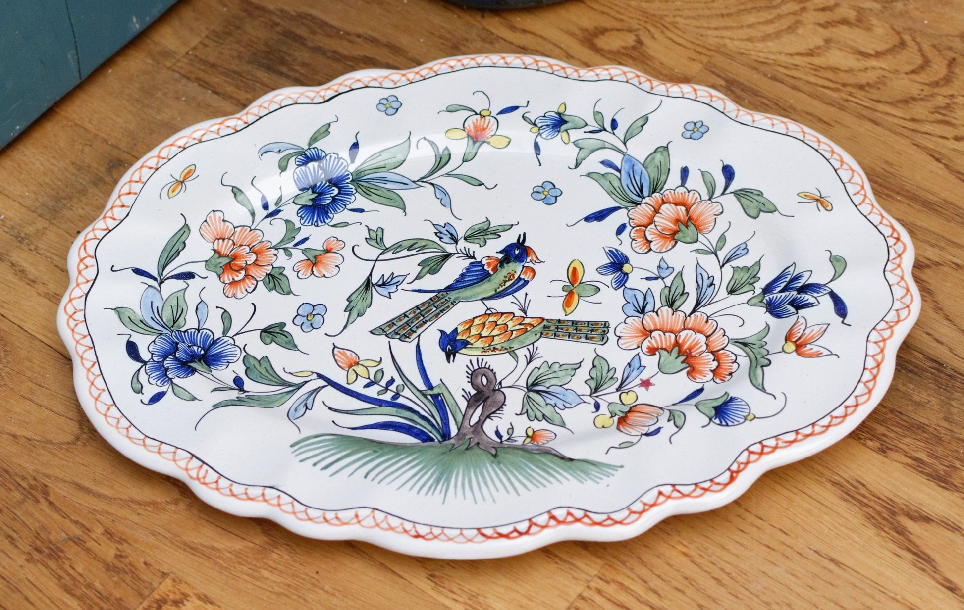 French Vintage MOUSTIERS Vieux Rouen Style Hand-Painted Faience Collectible Earthenware Covered Plate La Faience de Moustiers Sainte Marie