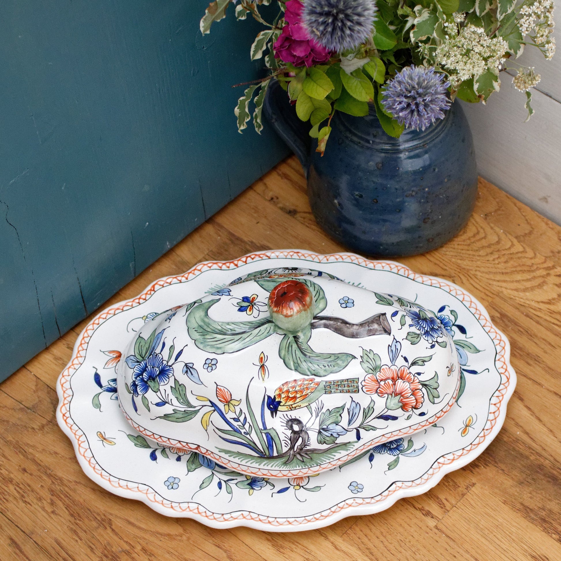 French Vintage MOUSTIERS Vieux Rouen Style Hand-Painted Faience Collectible Earthenware Covered Plate La Faience de Moustiers Sainte Marie