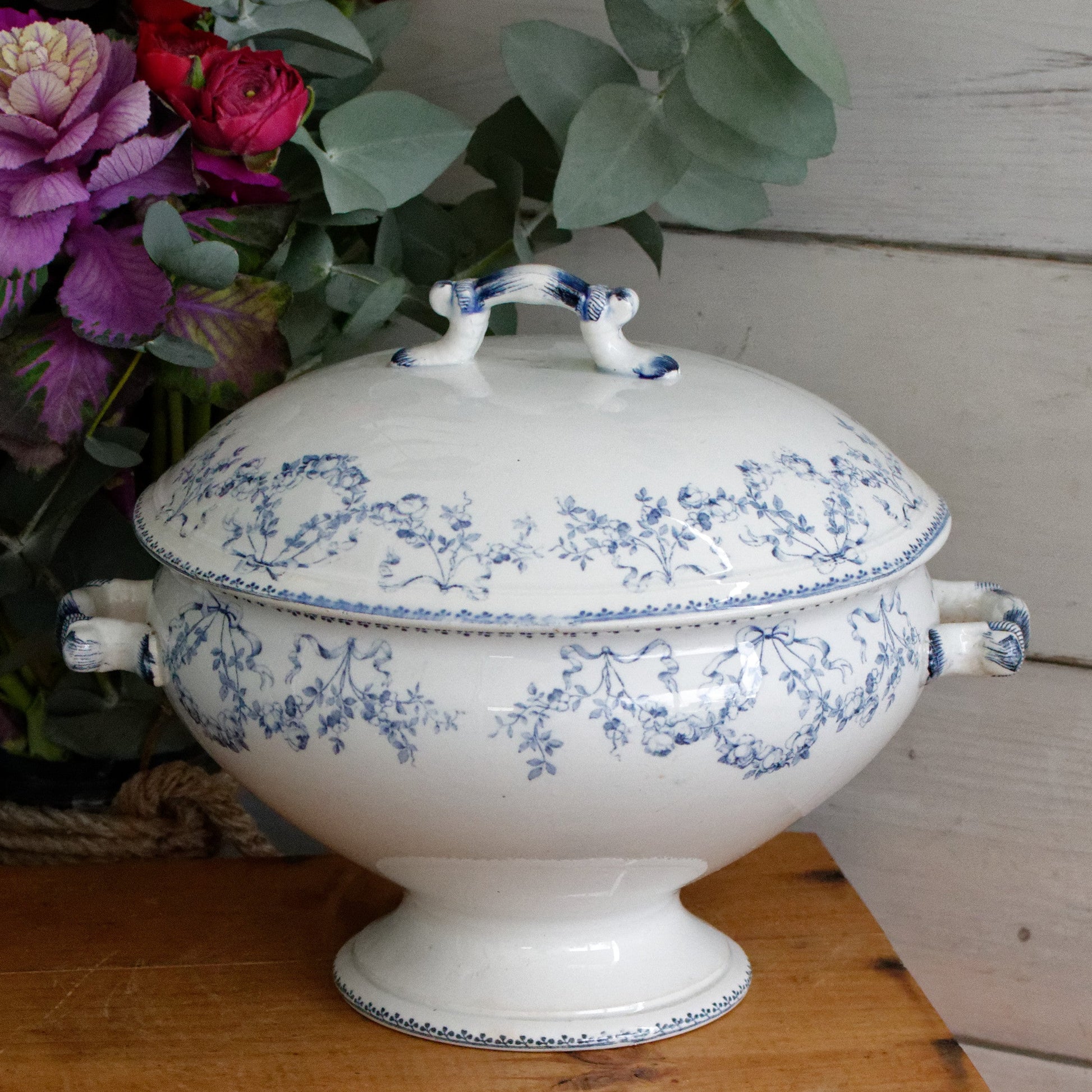 MOZART Motif Sarreguemines U&C French Antique Ironstone Blue Transferware Soup Tureen Soupiere Terre de Fer en Faience