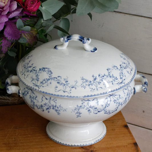 MOZART Motif Sarreguemines U&C French Antique Ironstone Blue Transferware Soup Tureen Soupiere Terre de Fer en Faience