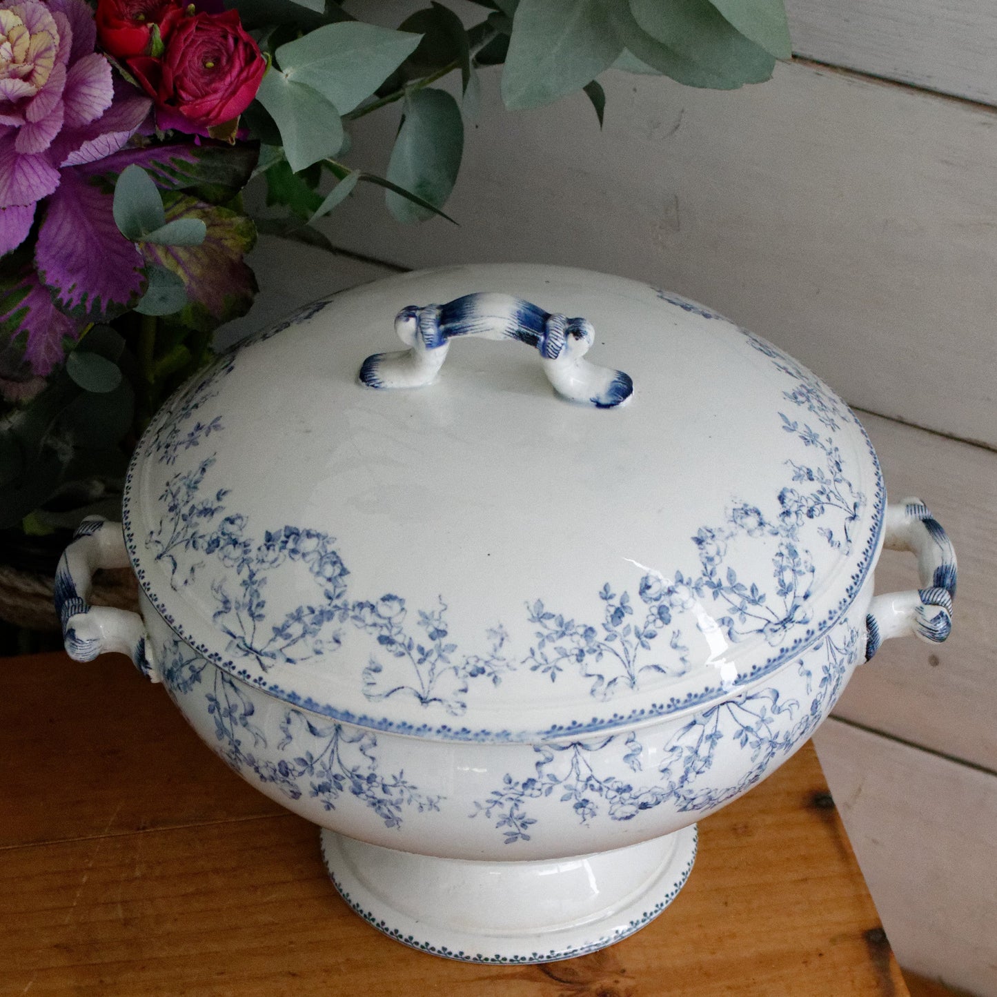 MOZART Motif Sarreguemines U&C French Antique Ironstone Blue Transferware Soup Tureen Soupiere Terre de Fer en Faience