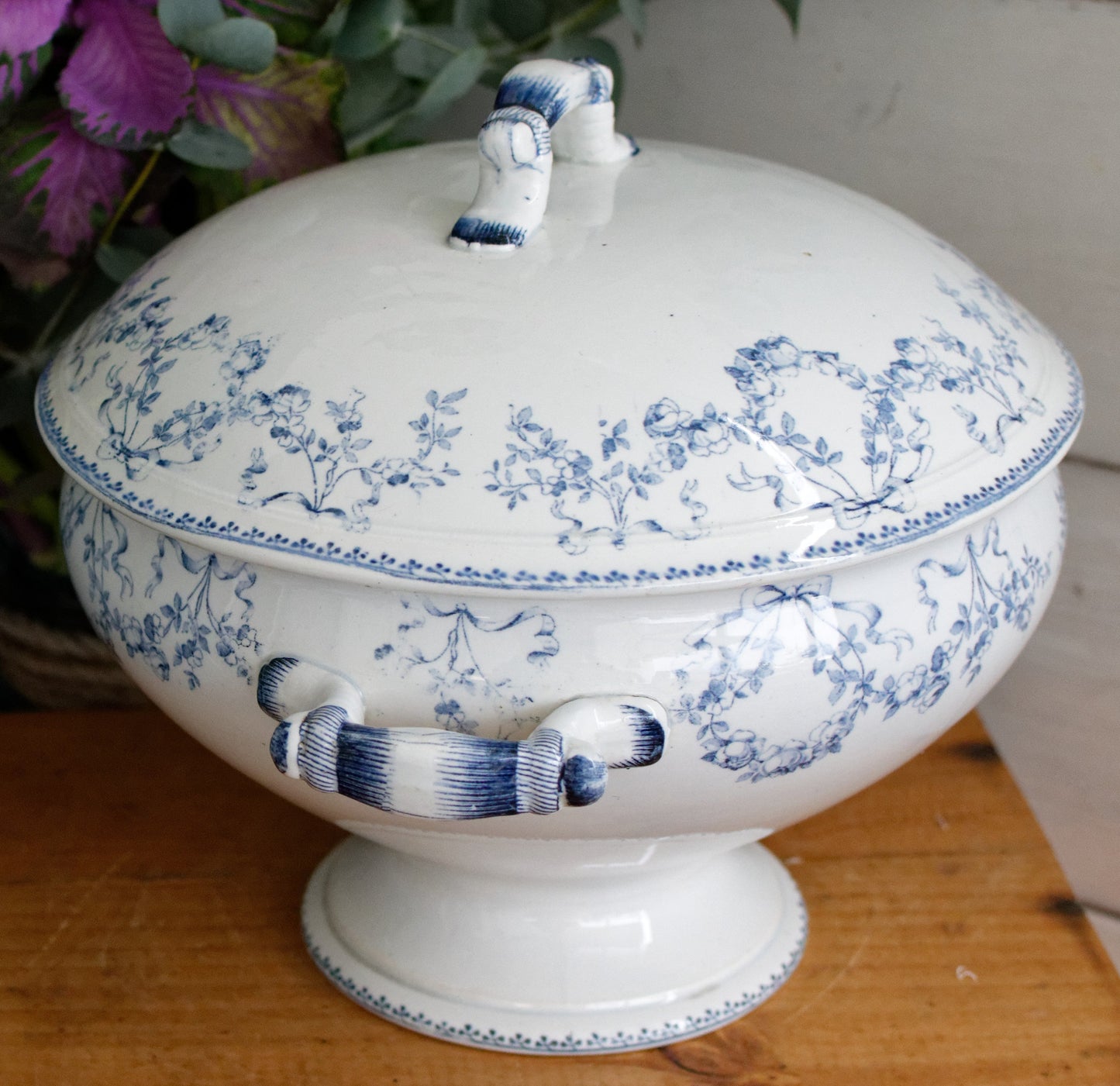 MOZART Motif Sarreguemines U&C French Antique Ironstone Blue Transferware Soup Tureen Soupiere Terre de Fer en Faience