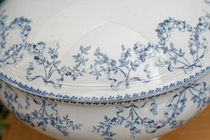 MOZART Motif Sarreguemines U&C French Antique Ironstone Blue Transferware Soup Tureen Soupiere Terre de Fer faience