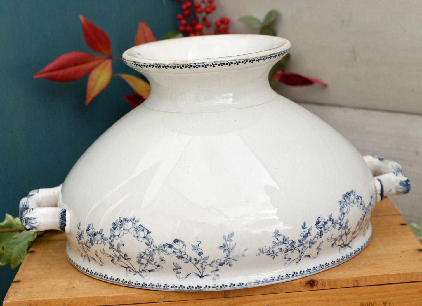 MOZART Motif Sarreguemines U&C French Antique Ironstone Blue Transferware Soup Tureen Soupiere Terre de Fer faience