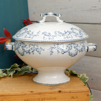 MOZART Motif Sarreguemines U&C French Antique Ironstone Blue Transferware Soup Tureen Soupiere Terre de Fer faience