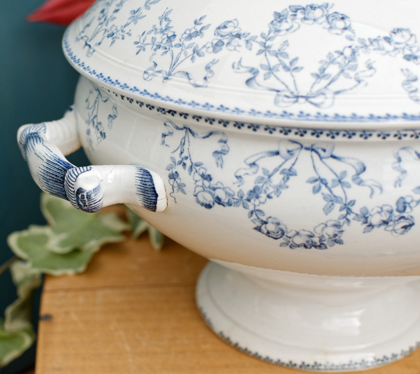 MOZART Motif Sarreguemines U&C French Antique Ironstone Blue Transferware Soup Tureen Soupiere Terre de Fer faience