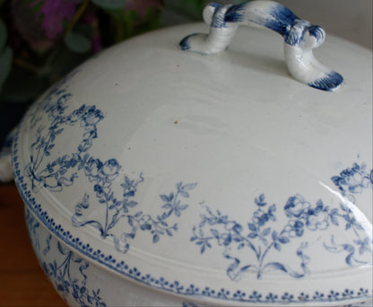 MOZART Motif Sarreguemines U&C French Antique Ironstone Blue Transferware Soup Tureen Soupiere Terre de Fer en Faience