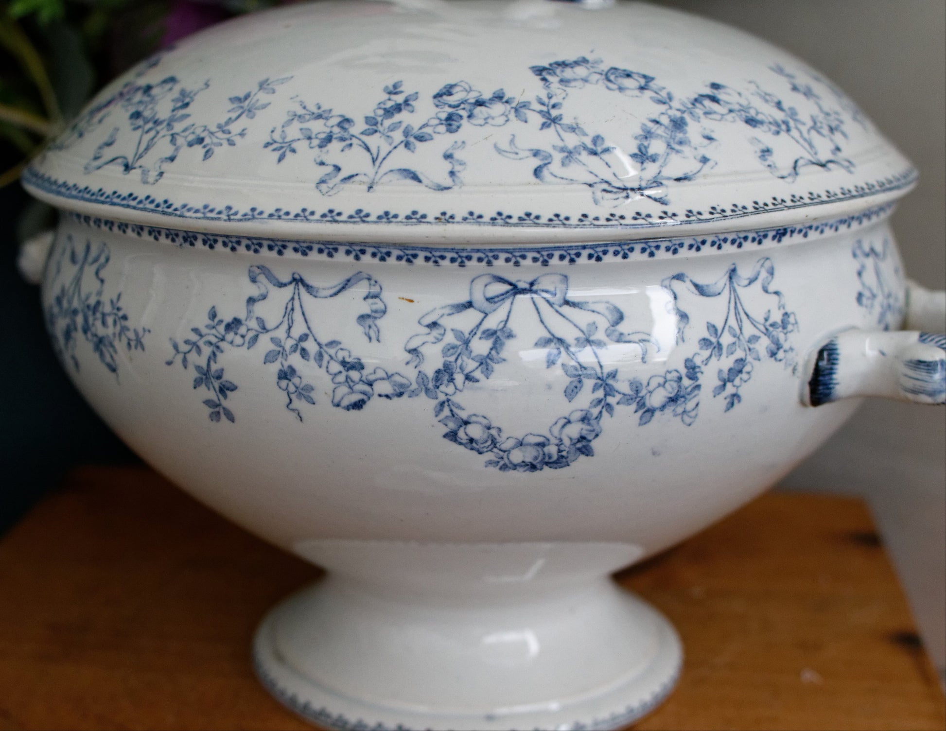 MOZART Motif Sarreguemines U&C French Antique Ironstone Blue Transferware Soup Tureen Soupiere Terre de Fer en Faience