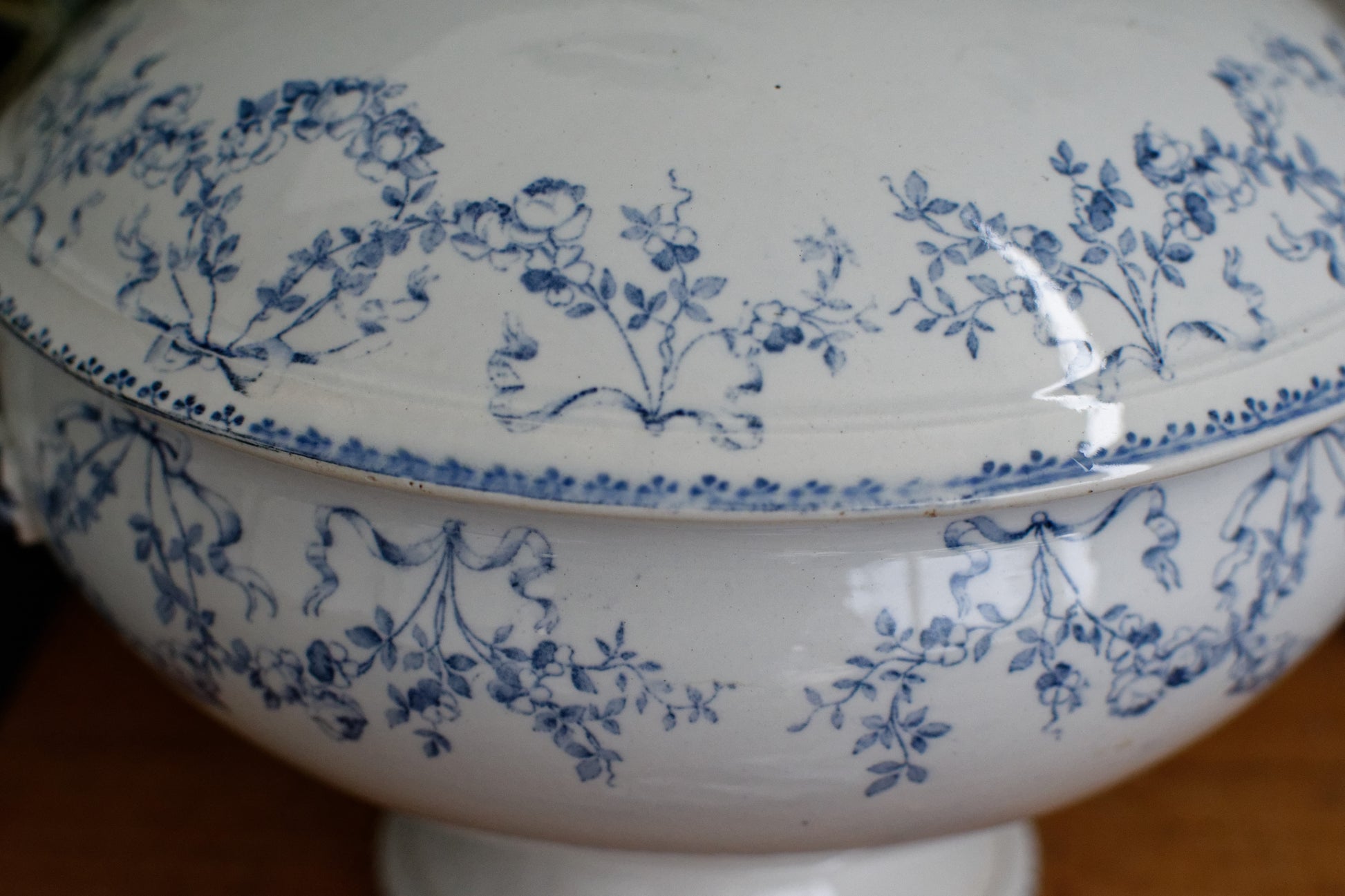 MOZART Motif Sarreguemines U&C French Antique Ironstone Blue Transferware Soup Tureen Soupiere Terre de Fer en Faience