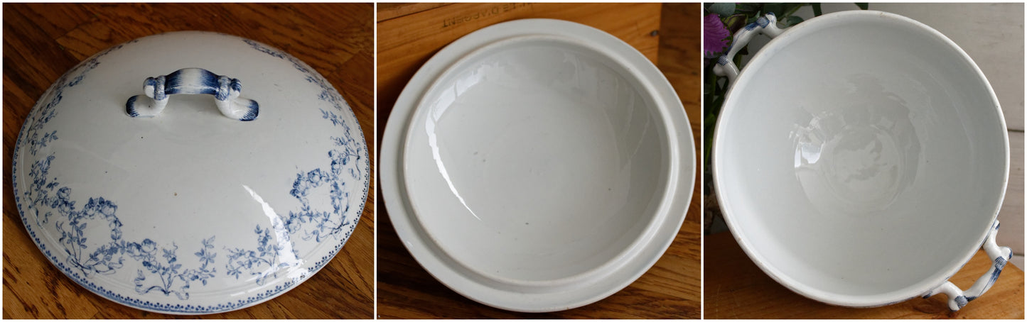 1920s ~ "MOZART" Sarreguemines U&C ~ French Antique Ironstone Blue Transferware Soup Tureen "Soupiere" ~ Terre de Fer en Faience