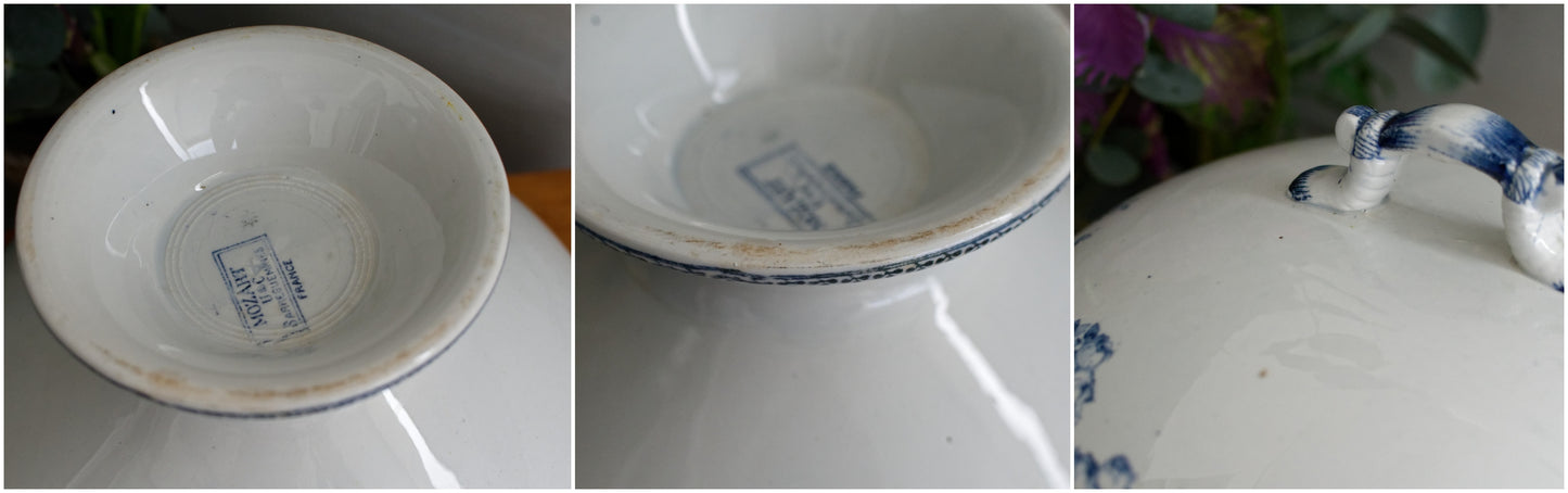 1920s ~ "MOZART" Sarreguemines U&C ~ French Antique Ironstone Blue Transferware Soup Tureen "Soupiere" ~ Terre de Fer en Faience