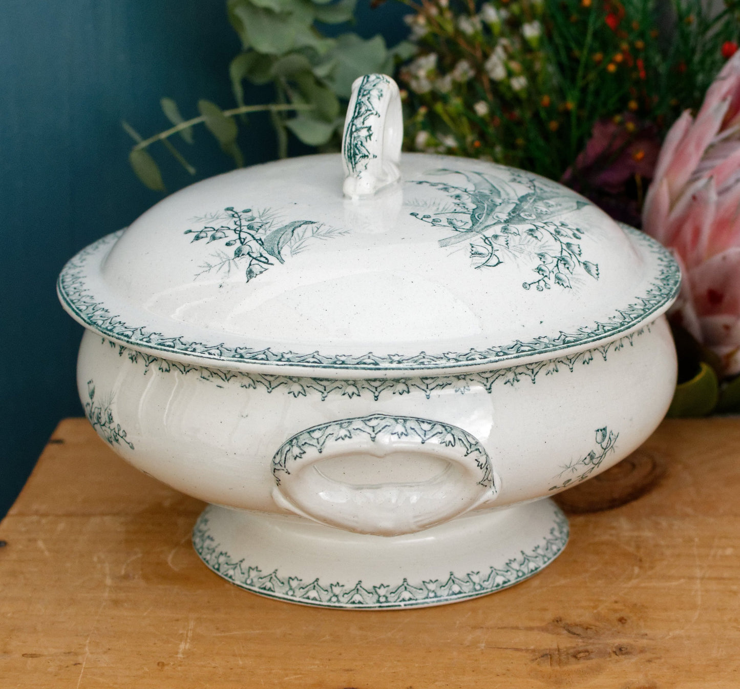 MUGUET Motif Ste Amandinoise French Antique Ironstone Green Transferware Soup Tureen Soupiere Terre de fer Faience