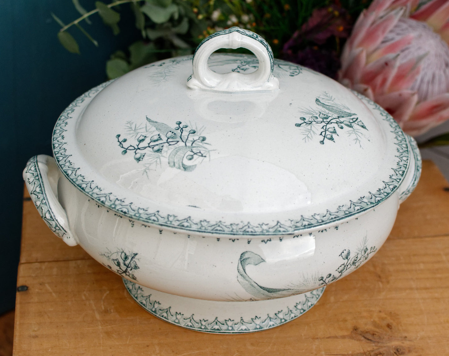 MUGUET Motif Ste Amandinoise French Antique Ironstone Green Transferware Soup Tureen Soupiere Terre de fer Faience