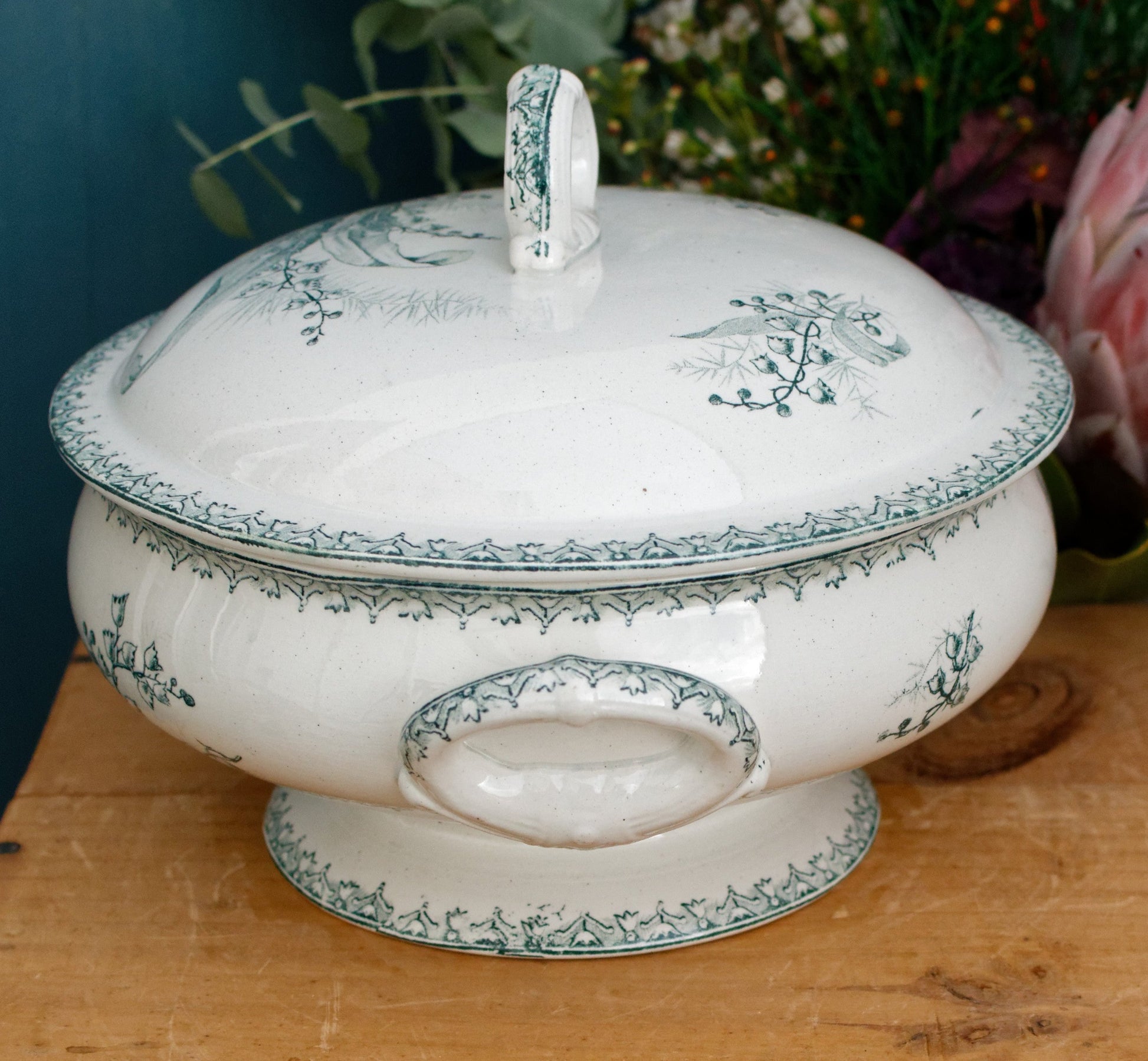 MUGUET Motif Ste Amandinoise French Antique Ironstone Green Transferware Soup Tureen Soupiere Terre de fer Faience