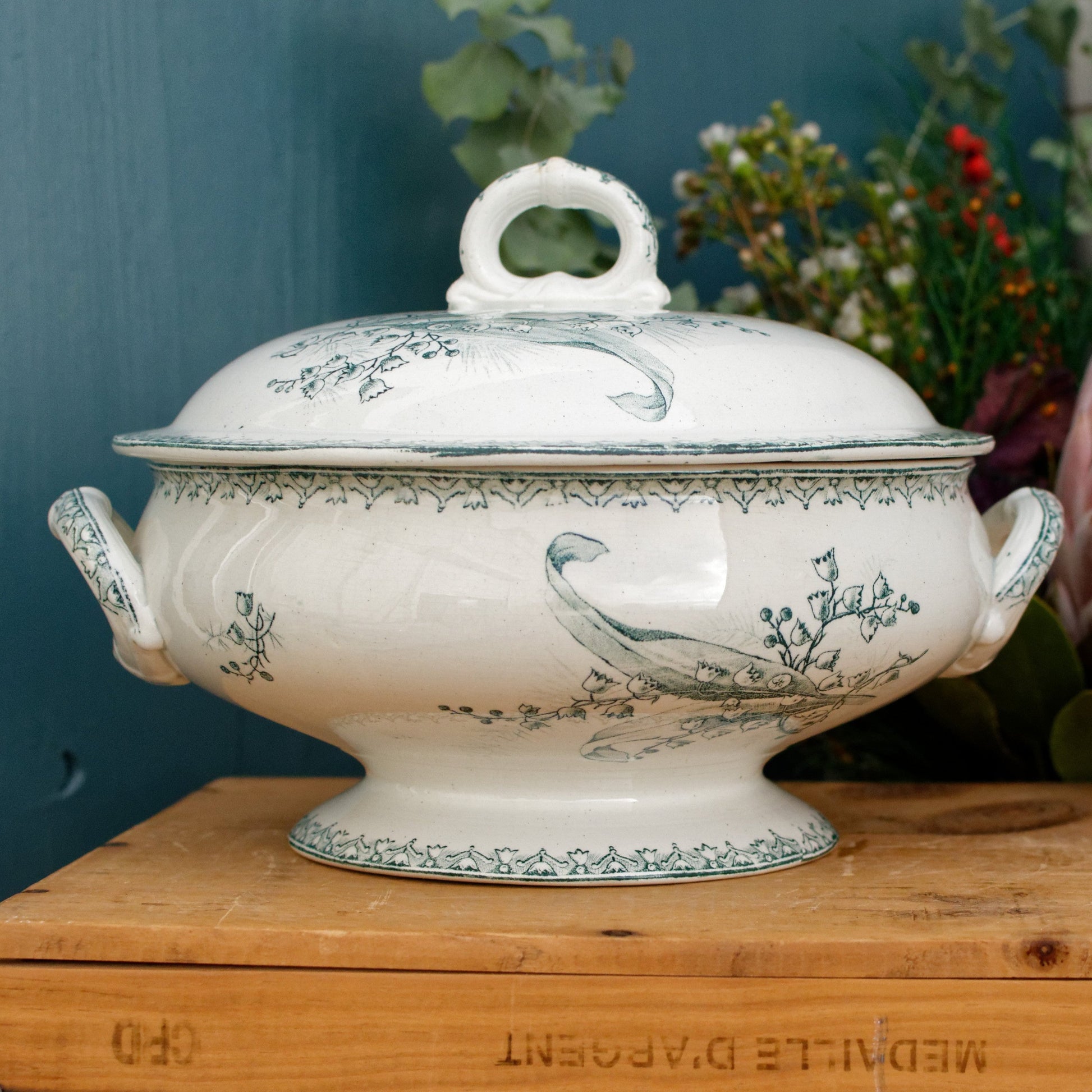 MUGUET Motif Ste Amandinoise French Antique Ironstone Green Transferware Soup Tureen Soupiere Terre de fer Faience