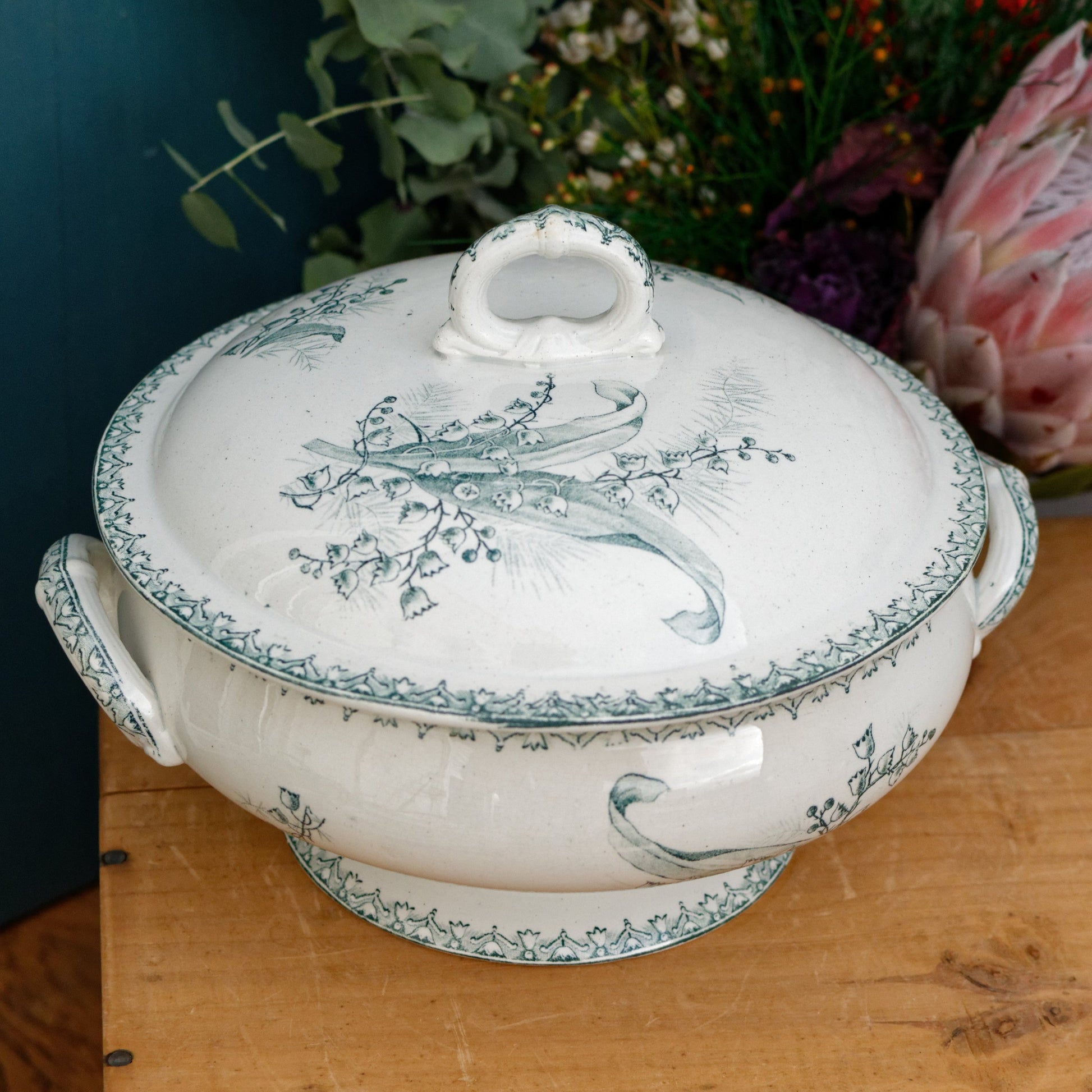 MUGUET Motif Ste Amandinoise French Antique Ironstone Green Transferware Soup Tureen Soupiere Terre de fer Faience