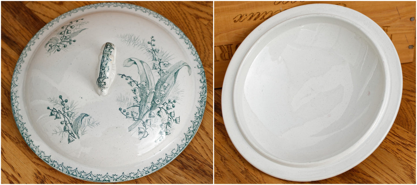 MUGUET Motif Ste Amandinoise French Antique Ironstone Green Transferware Soup Tureen Soupiere Terre de fer Faience