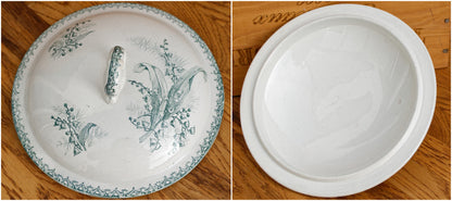 MUGUET Motif Ste Amandinoise French Antique Ironstone Green Transferware Soup Tureen Soupiere Terre de fer Faience