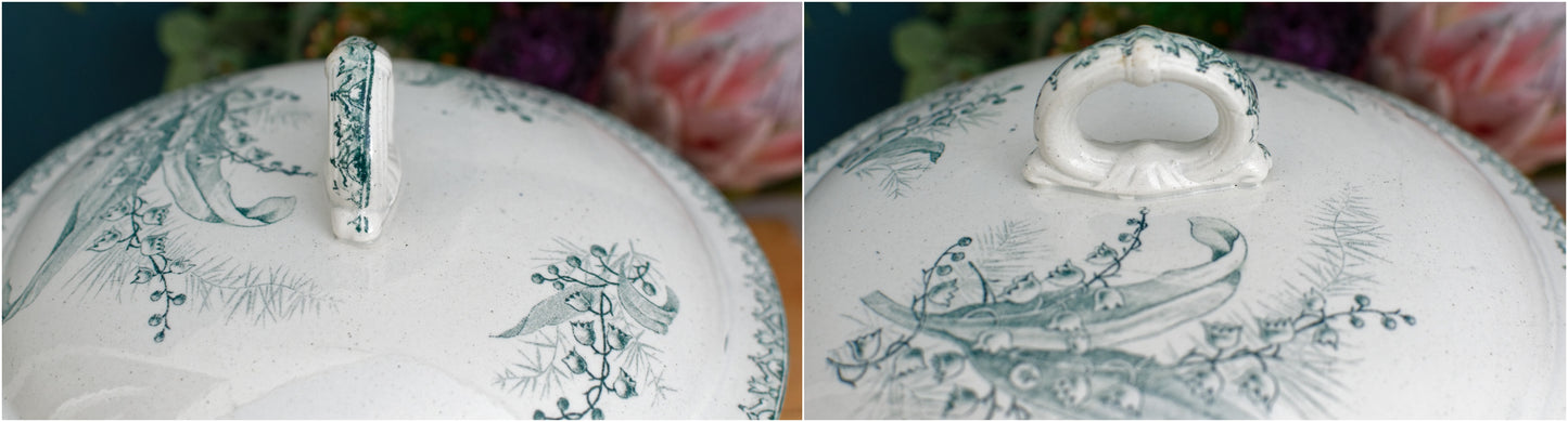 MUGUET Motif Ste Amandinoise French Antique Ironstone Green Transferware Soup Tureen Soupiere Terre de fer Faience